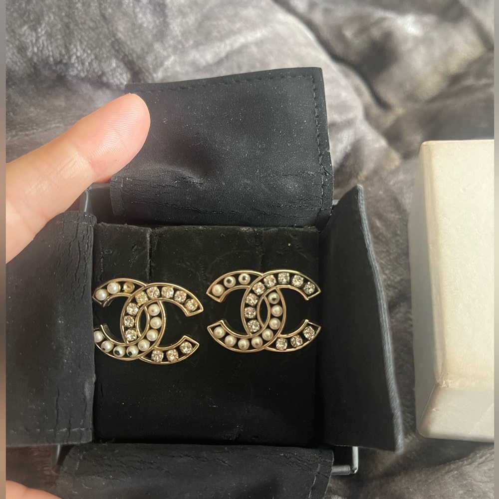 Authentic Chanel Pearl Crystal CC Charms Stud Earrings